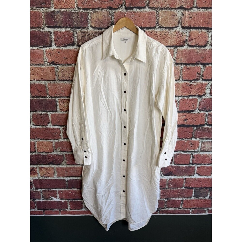 Madewell Womens White Corduroy Button Up Shirt Dress Ribbed Long Sleeve XL